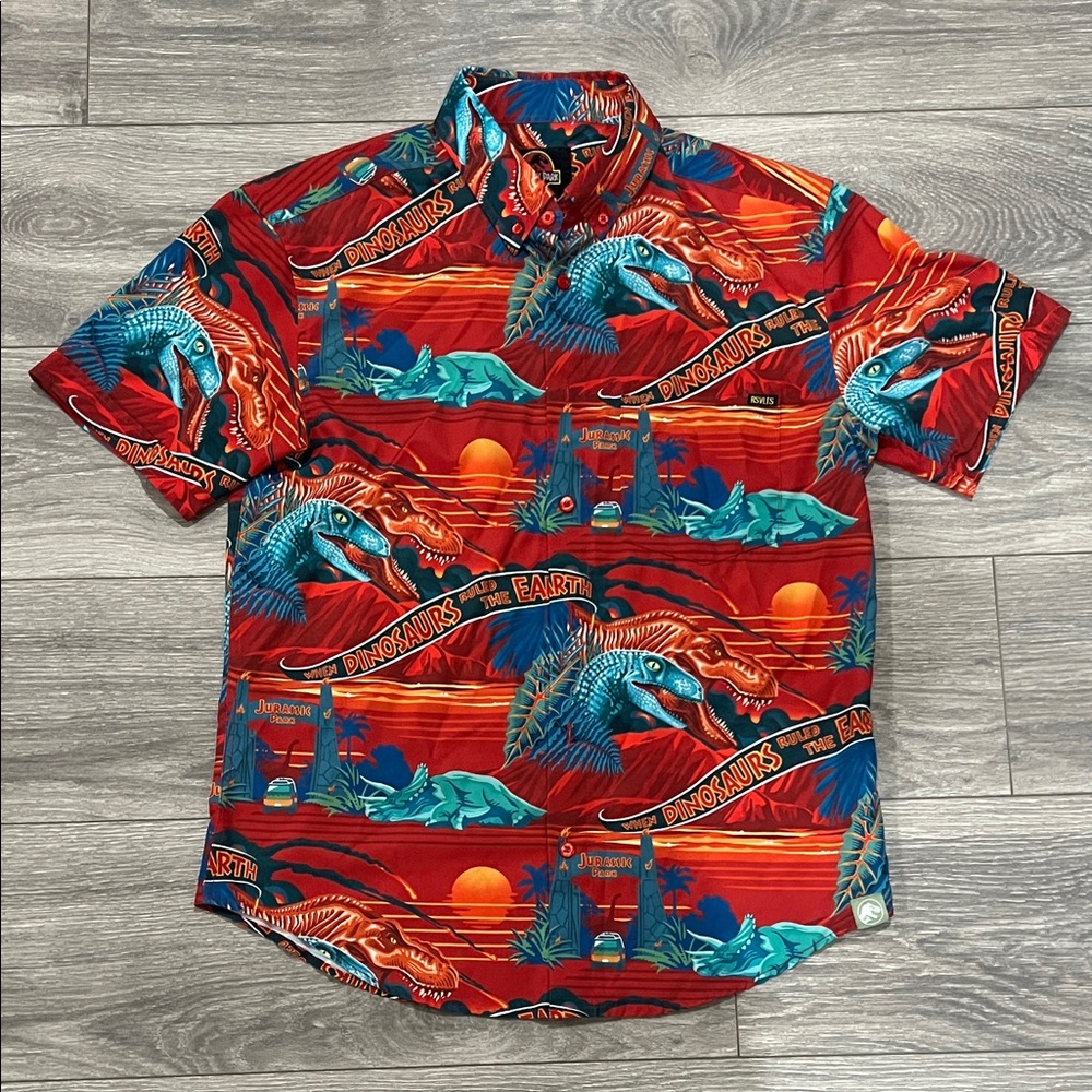 RSVLTS Red and Blue Dinosaur Print Jurassic Park Men's Shirt